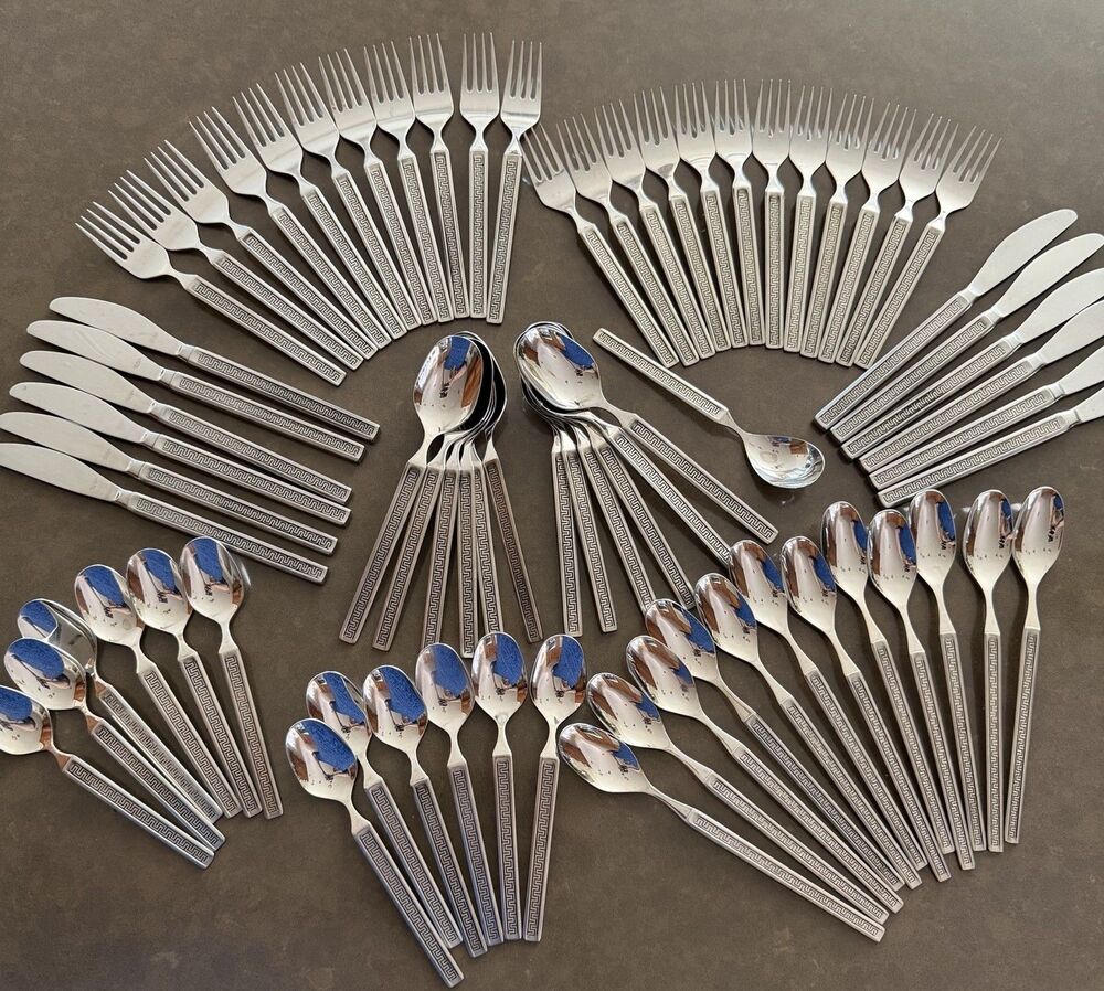 Vtg Noritake EROS Japan Stainless MCM Greek Key Design Flatware X73 Discontinued
